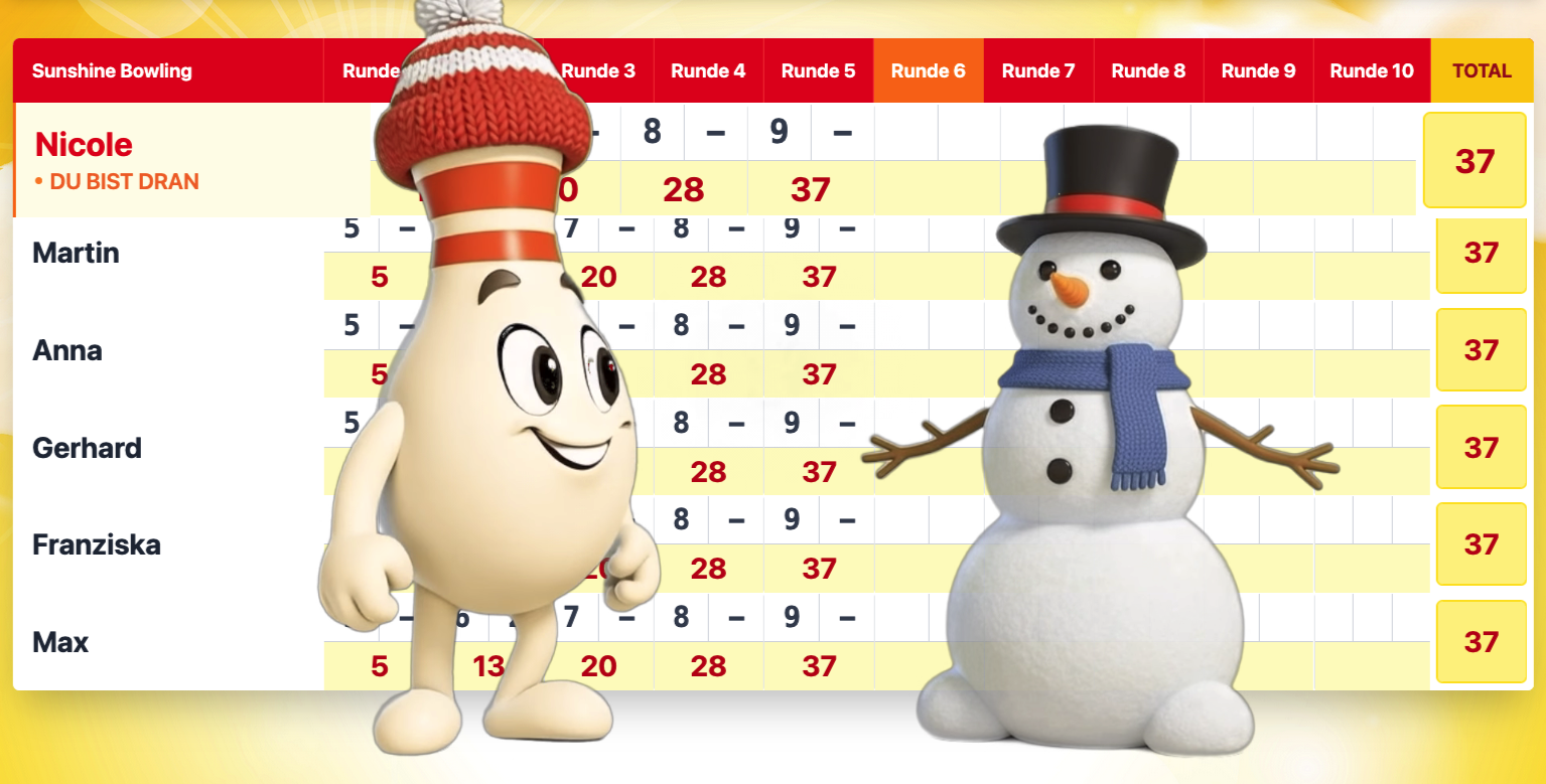 Sunshine Bowling – Spielstand mit KI-Animation (Winter-Variante)