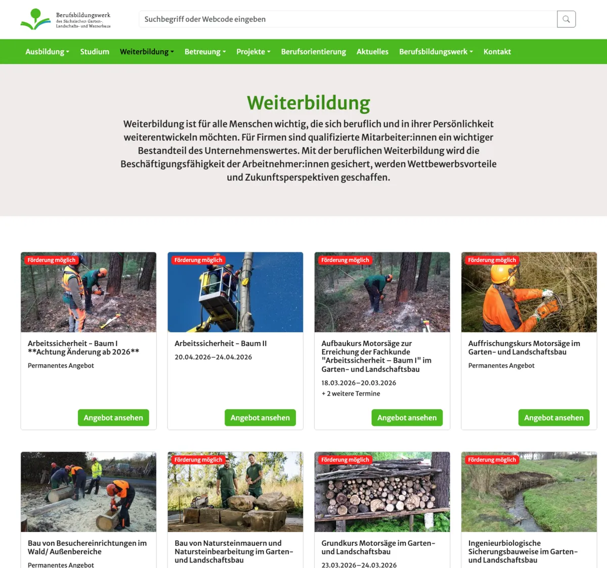 Seminarplattform – Kursübersicht auf der Website